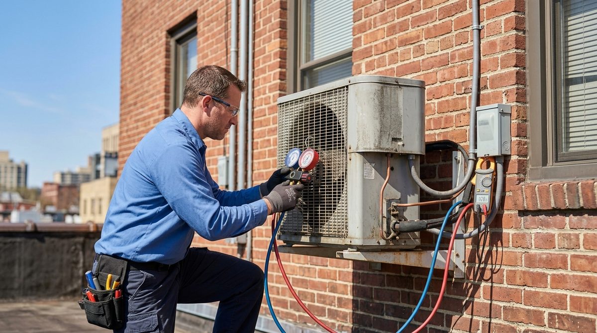 Técnico reparando aire acondicionado con manómetro manifold en Córdoba