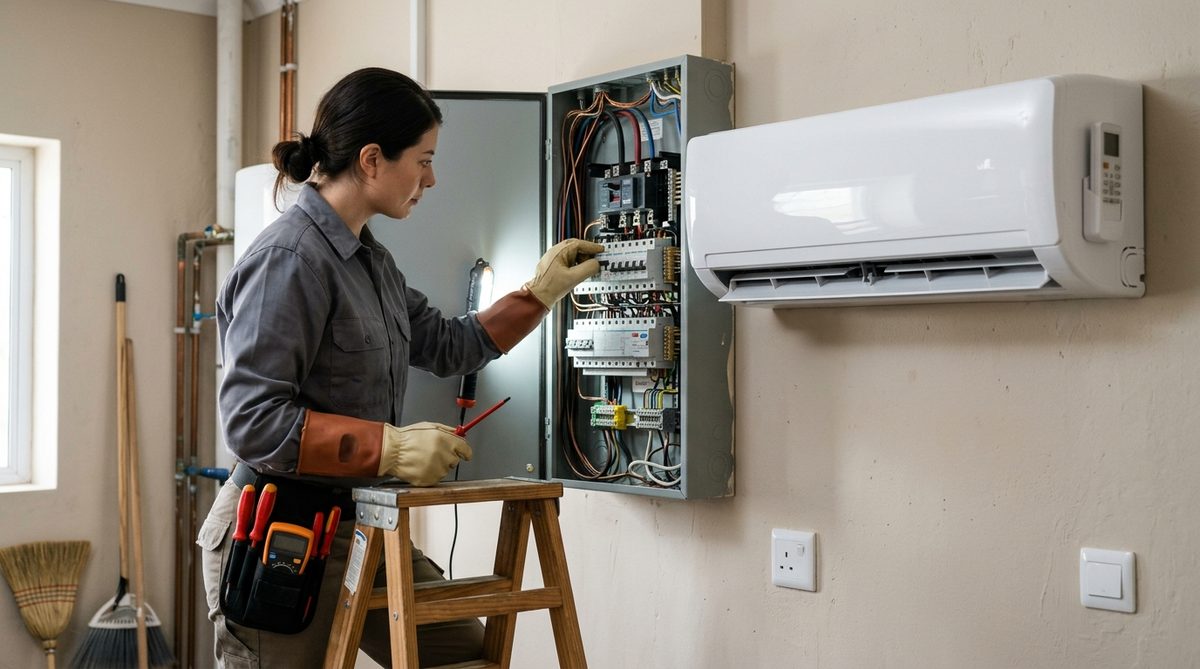 Instalador electricista revisando tablero y termomagnética para aire acondicionado en Córdoba